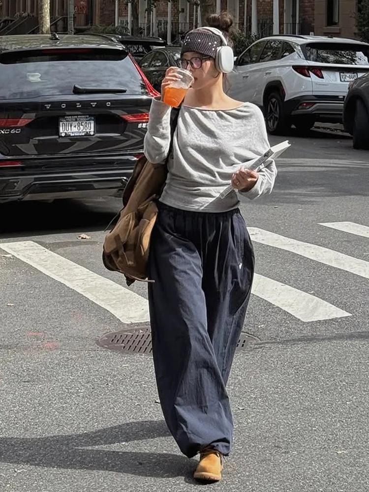 

Nibber Simple 2-Piece Set Women Casual Harajuku Skew Collar Ruched Crop Top+Drawstring Wide Leg Baggy Matching Street Outfit