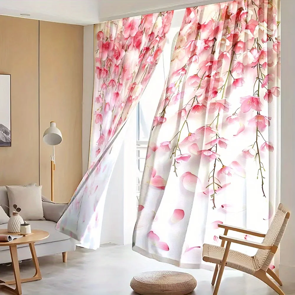 2PCS Digital Print Sheer Curtains, Light Pink Flower Branch Pattern, Soft Girlish Style for Living Room Home Window Decor