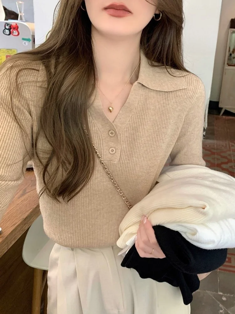 여성 니트 폴로넥 긴팔 숏 스웨터 베이스 레이어 겨울 상의 버튼 디자인 슬림핏 편안한 조끼 가을 봄