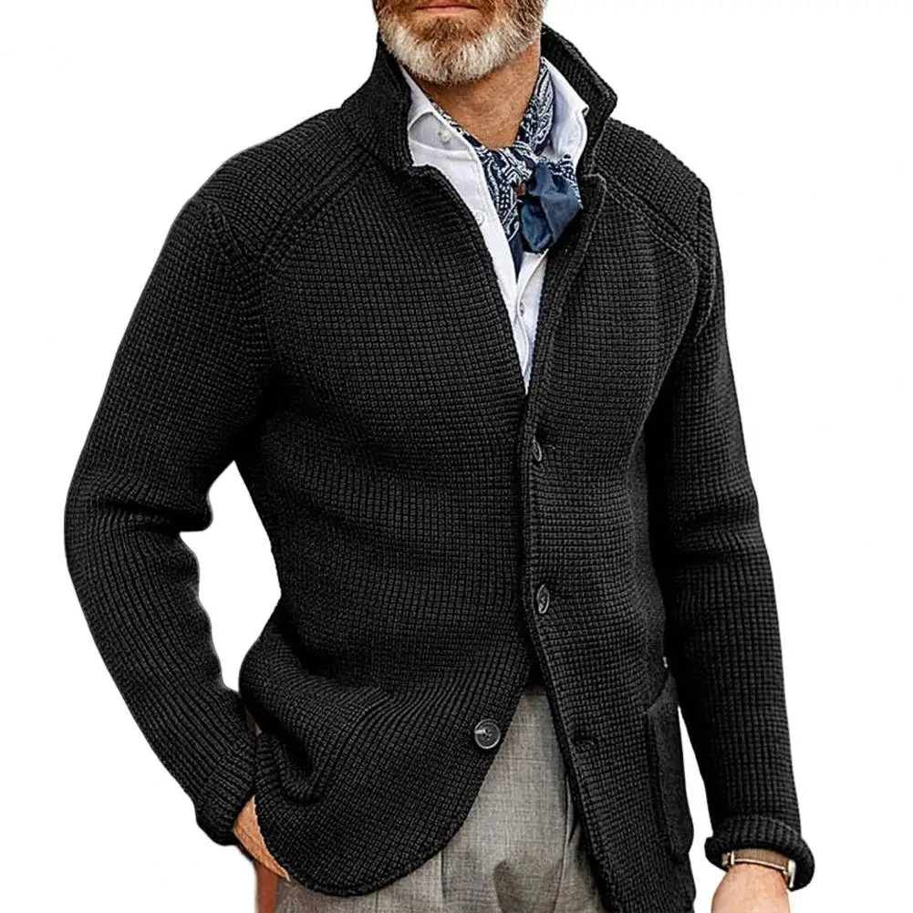 Stylish Men Cardigan Thickened Cold Resistant Soft Men Solid Color Buttons Knitted Sweater Coat