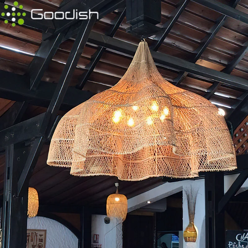 

Retro Art Wabi Sabi Cloth Rattan LED Pendant Lights Hand Knitted Wooden Bamboo Design Shaped for Hall Home Decoration Chandelier