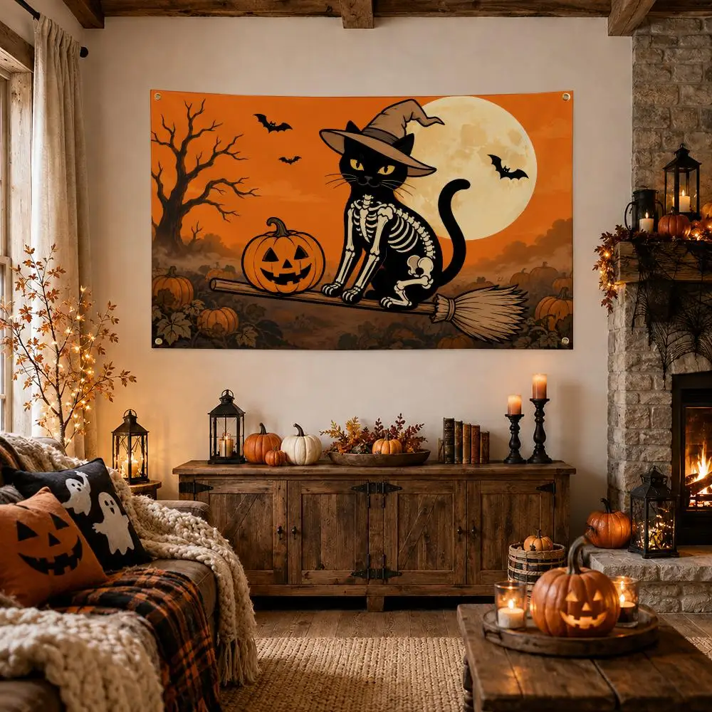 Black cat Pumpkin Halloween Flags Flag – Fade-Resistant Outdoor Garden Banner Suitable for Shop and Home Decoration