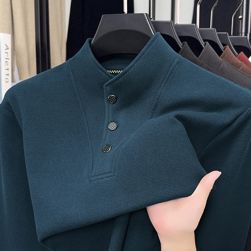 

2025 маленькая футболка с воротником-стойкой, мужская футболка с длинными рукавами для папы, осенний деловой повседневный топ, весенне-осенняя мужская базовая рубашка