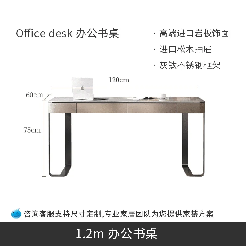 XL Minimalist Rock Slab Desk Modern Villa Study Room With Cable Hole Office Desk Stainless Steel Computer Desk Chair Set