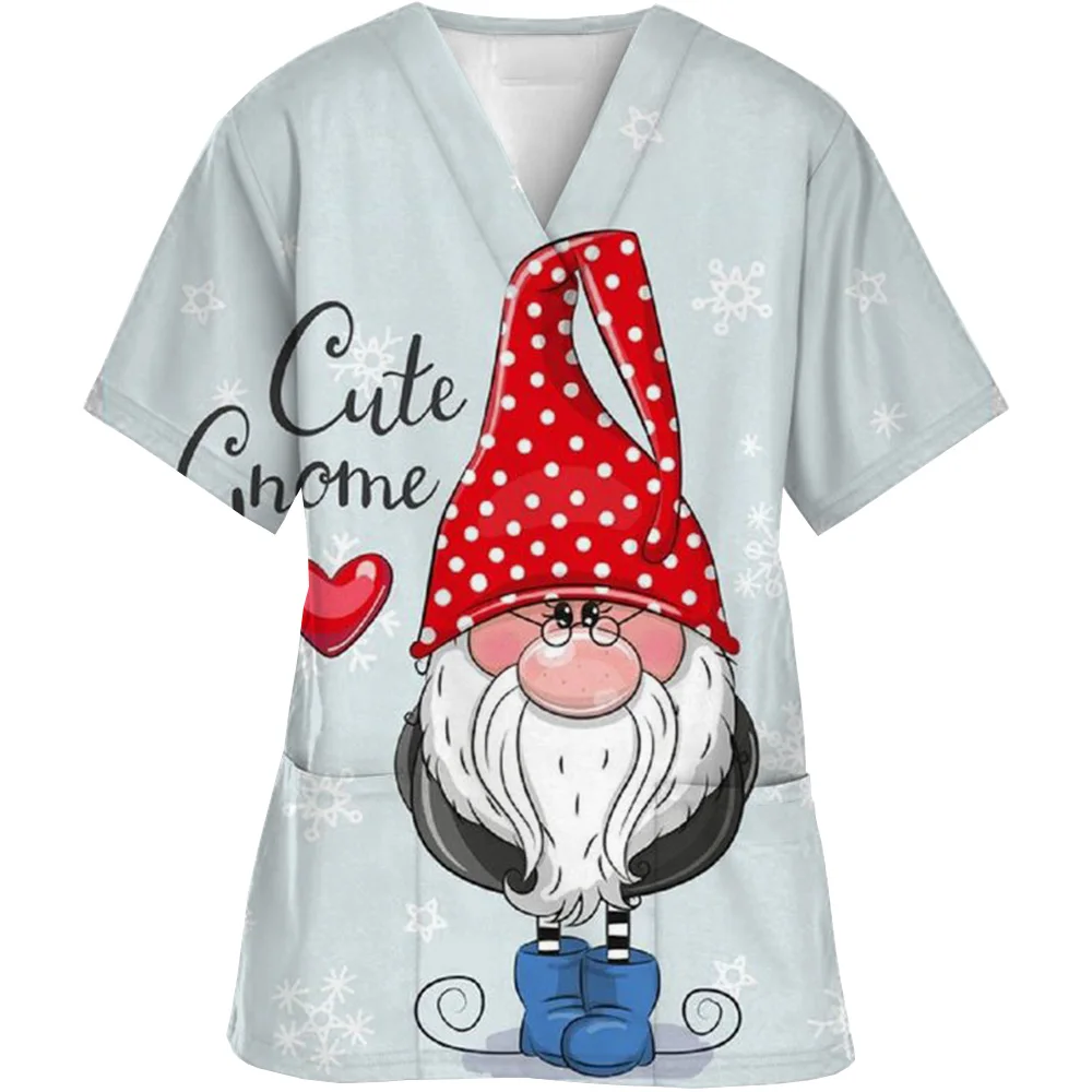 T-Shirt à Manches Courtes et Col en V pour Femme, Uniforme à la Mode, Imprimé Joyeux Noël, Chemisier de Travail en Y, Chemise de GIslande d'Infirmière, Nouvelle Collection 2024