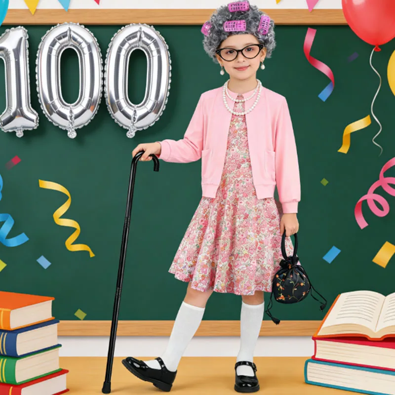 

100 Days Of School Costume Old Lady Dress Children Grandma Cosplay Skirt Glasses Crutch Wig For Girls Carnival Birthday Gift