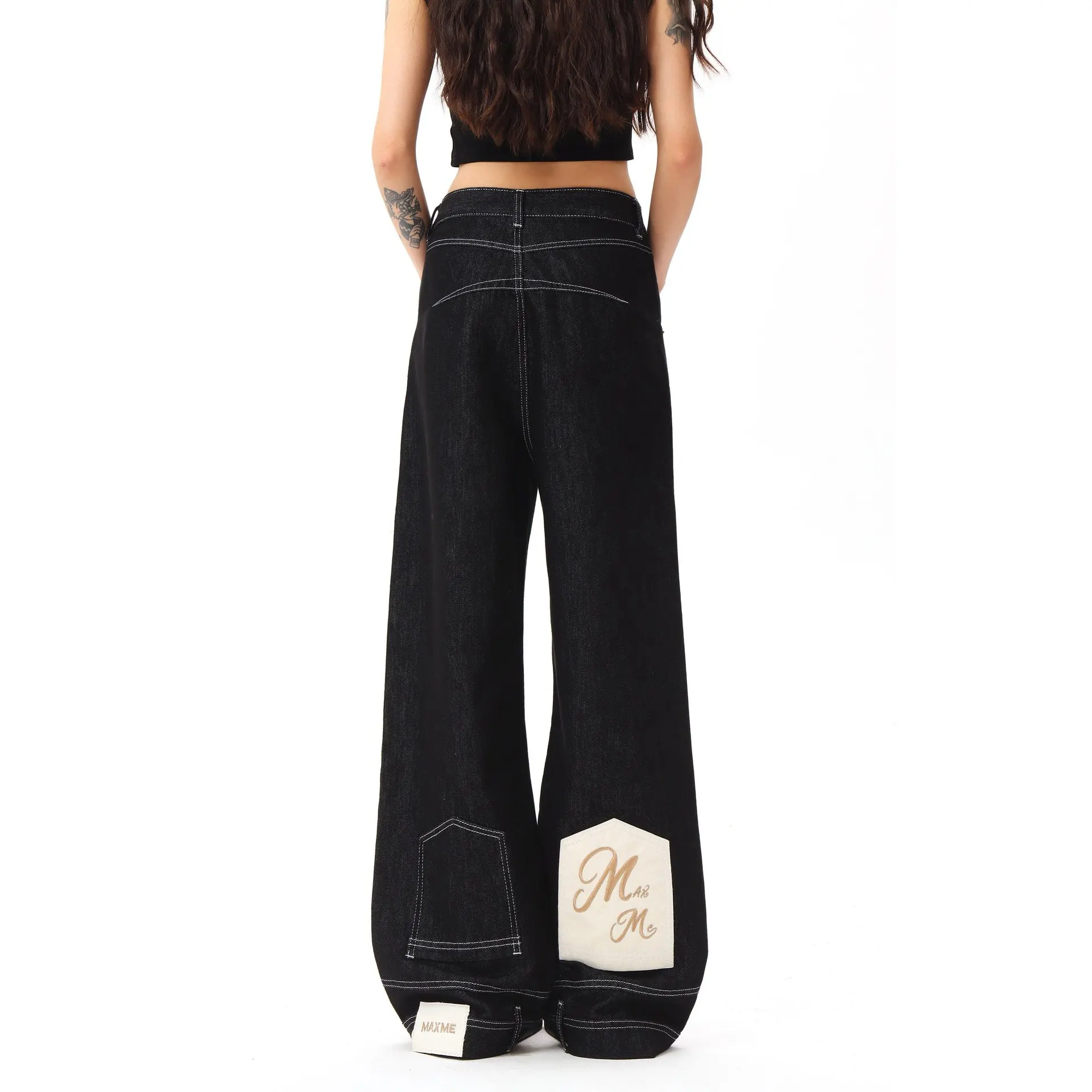 

Retro Washed Distressed M-Shape Denim Jeans Women Summer Crossbody Wide Leg Pants High Waist Cotton Casual Non-stretch