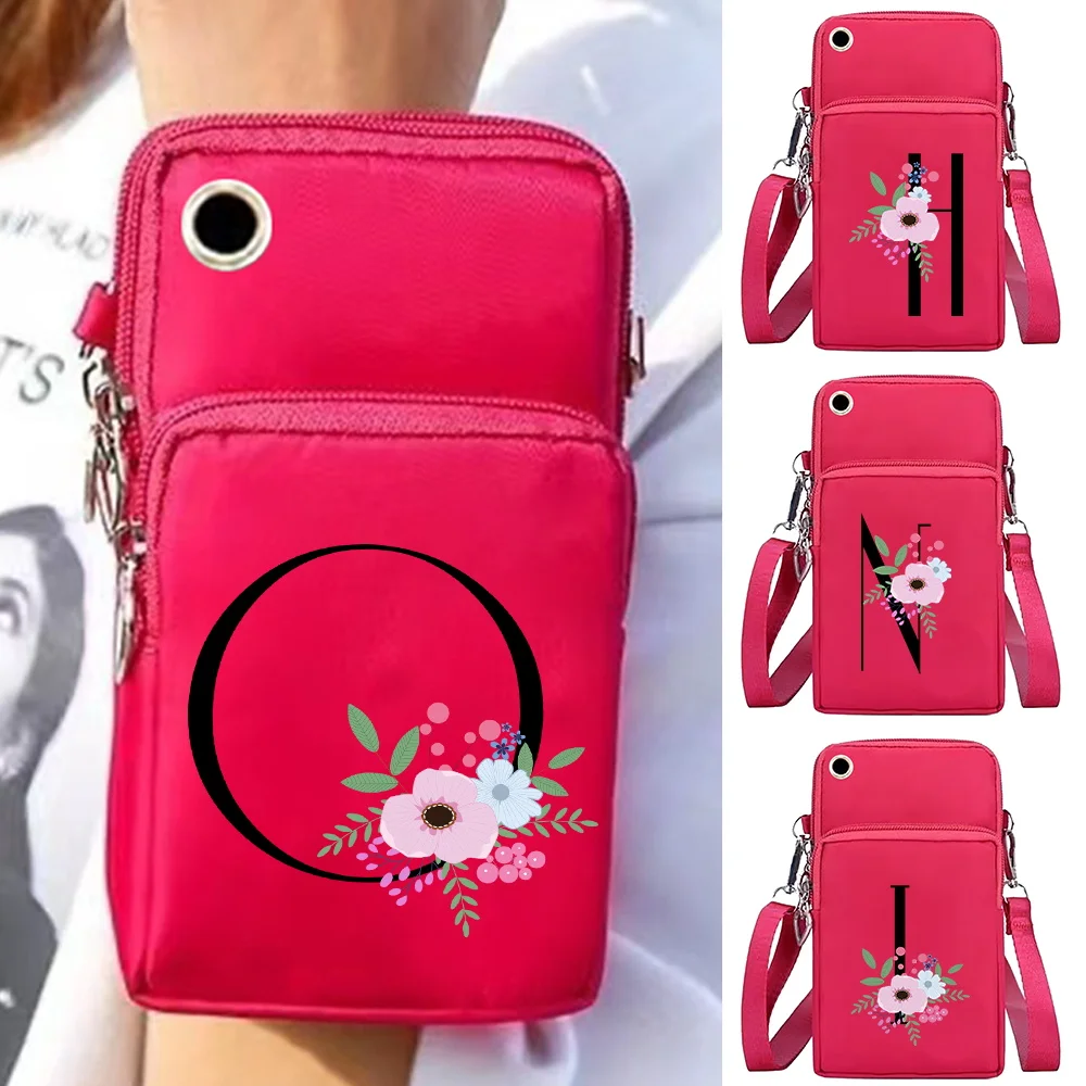 Universal Mobile Phone Bag Shoulder Crossbody Bags Wallet Sport Arm Purse Women Phone Pouch Wrist Pack Flower and Black Pattern