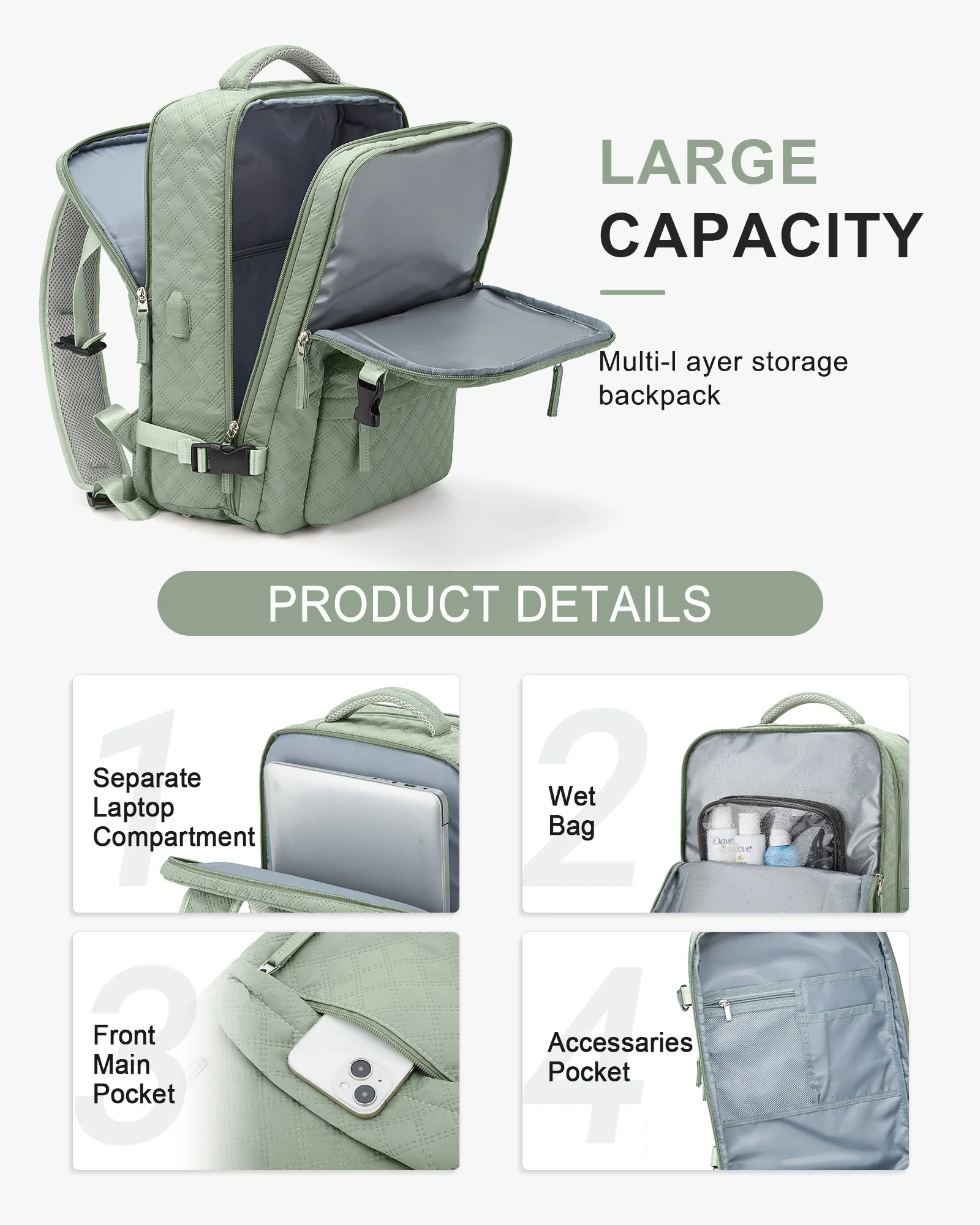 Zaino da viaggio di grande capacità, zaino per Laptop impermeabile da 14 pollici approvato dalla compagnia aerea per l\'escursionismo, il Design