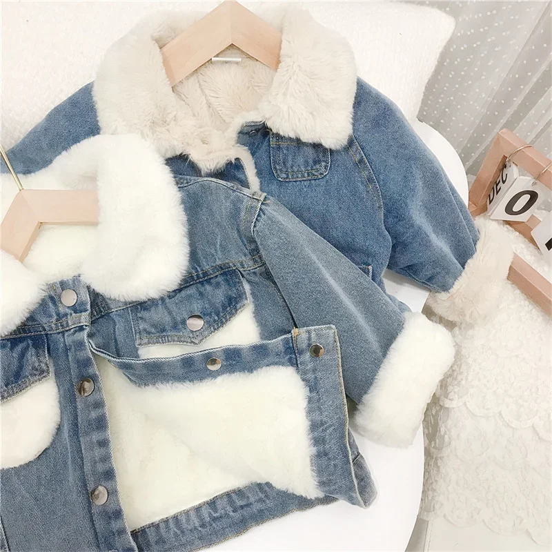 Children's Denim Jacket Plush Thick 2023 Winter Boys Coats Korean Girls Windbreaker Warm Outdoor Clothes for Baby Clothing