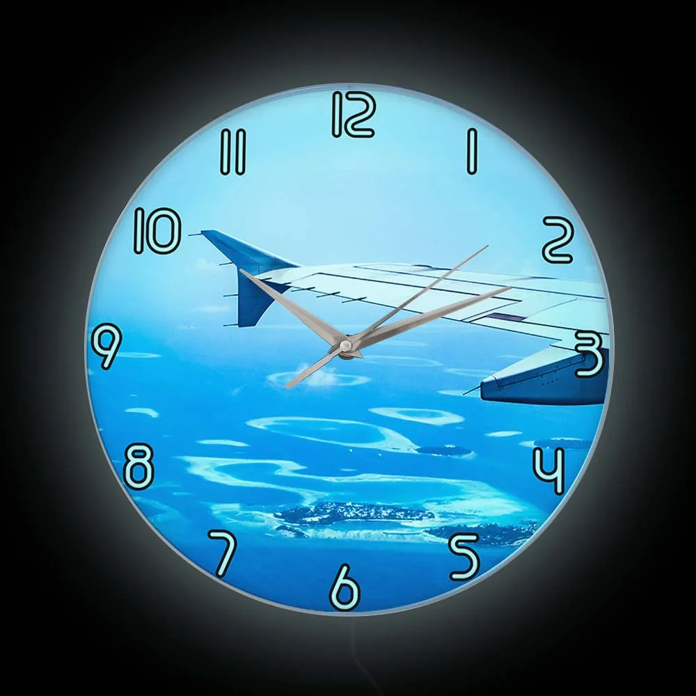 Flying Airplane Blue Sky Modern Design Illuminated Wall Clock Could Top View Flight Wing Unit Luminous Clock Bedside Night Lamp