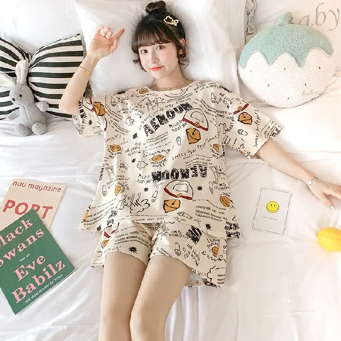 New Summer Women's Pajama Set Shorts Sleeves Thin Home Clothes Korean Style Sleepwear Cute Student Two-piece Suit