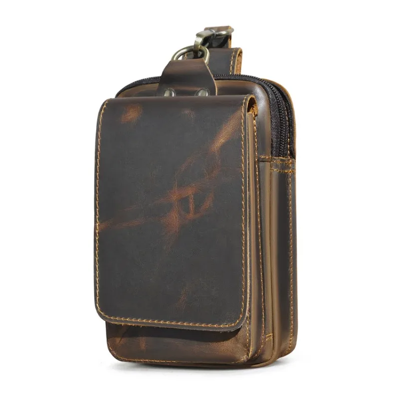 1pcs/set Men's Top Grain Crazy Horse Leather Waist Bag Small Outdoor Camera Pack with Hook for Phone Lightweight Adjustable view 6