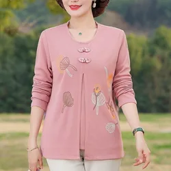 Women's Solid Color Pullover Fake Two Piece Round Neck Printing Button 2023 Spring and Autumn Mid Aged Long Sleeve Fashion Tops