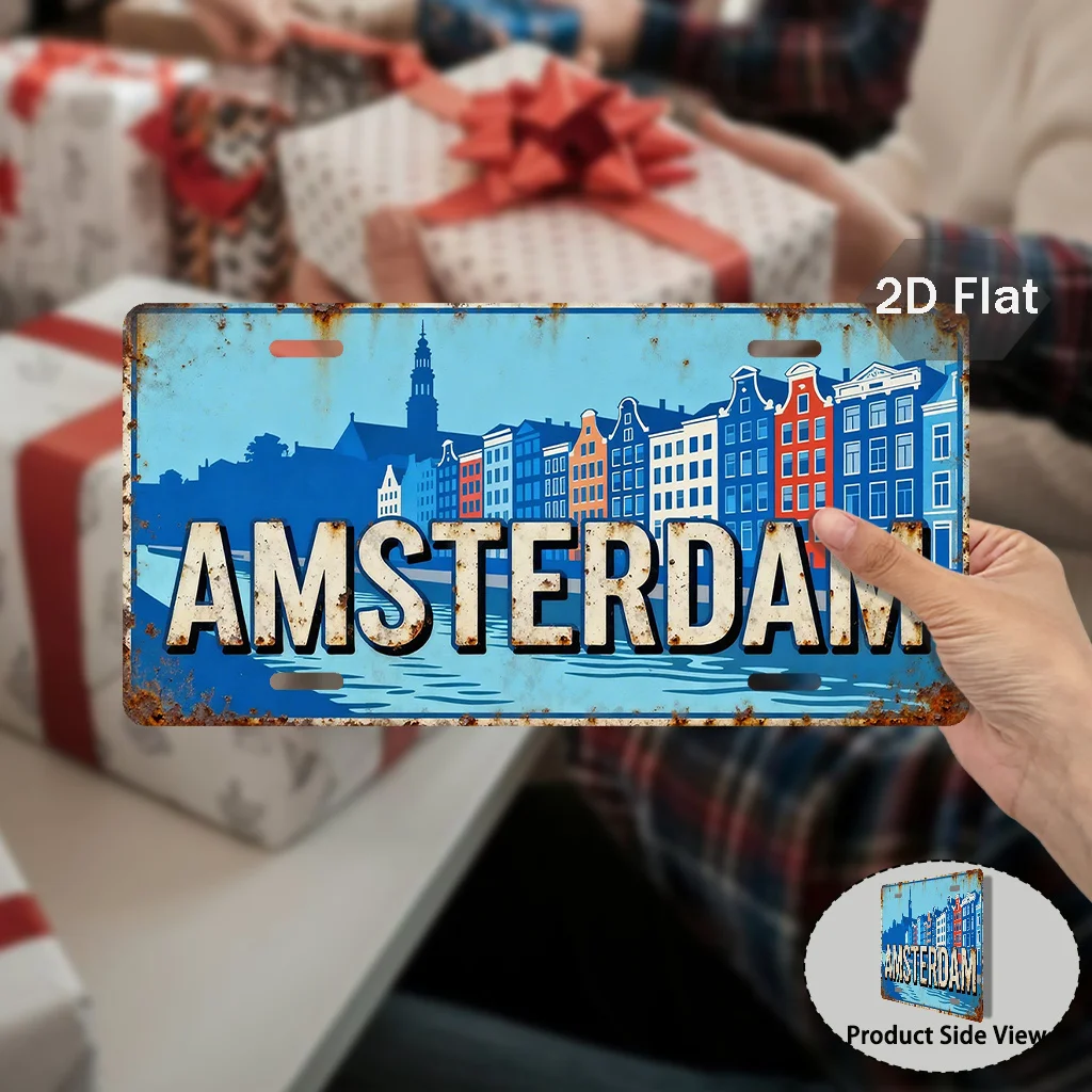 1pc Heavy-Duty Aluminum Amsterdam License Plate Sign – Vintage Dutch Travel Decor with Dam Square, Red Light District & Canal Ho