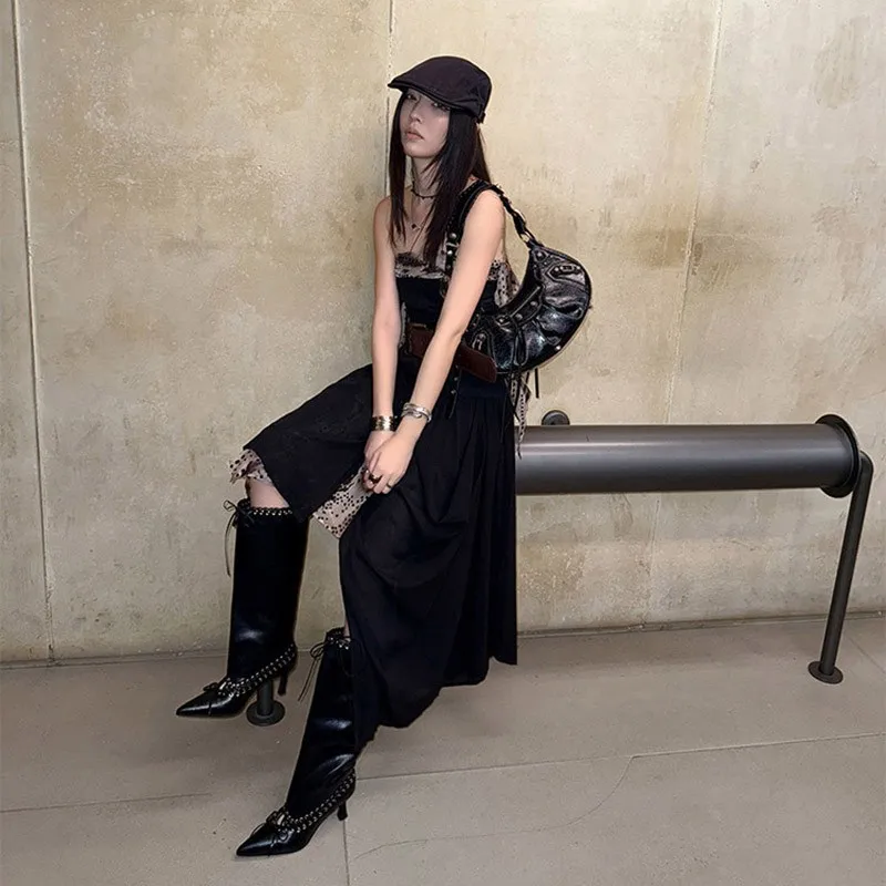 

Genuine Leather European and American Style Playful, Cool, Versatile Women's Fashion High-heeled Long Boots, Slip-on Trendy