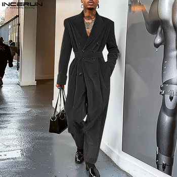 INCERUN 2024 아메리칸 스타일 패션 점프 슈트 남성용 코듀로이 더블 브레스트 양복 칼라 디자인 긴팔 캐주얼 Rompers S-5XL