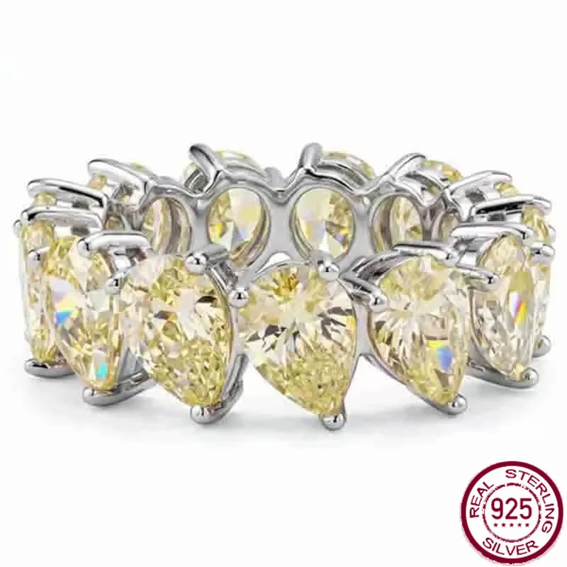 Yaranyan 100% 925 Sterling Silver 5*7 MM Pear Cut Citrine High Carbon Diamond Gems Row Ring for Women Wedding Band Fine Jewelry