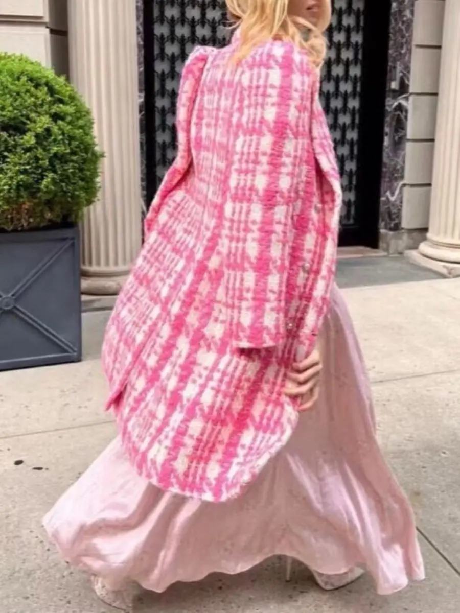 

Женская твидовая длинная куртка с жемчужными пуговицами и зубчатым воротником с длинным рукавом, элегантное женское шерстяное пальто