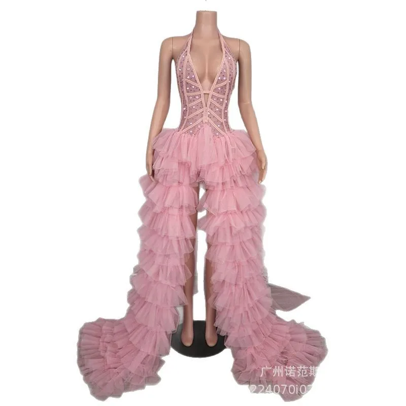 

Fashion Pink Mesh Sexy High-end Dress Model Catwalk Dress Annual Meeting Host Performance Clothes Party Wear Dress For The Women
