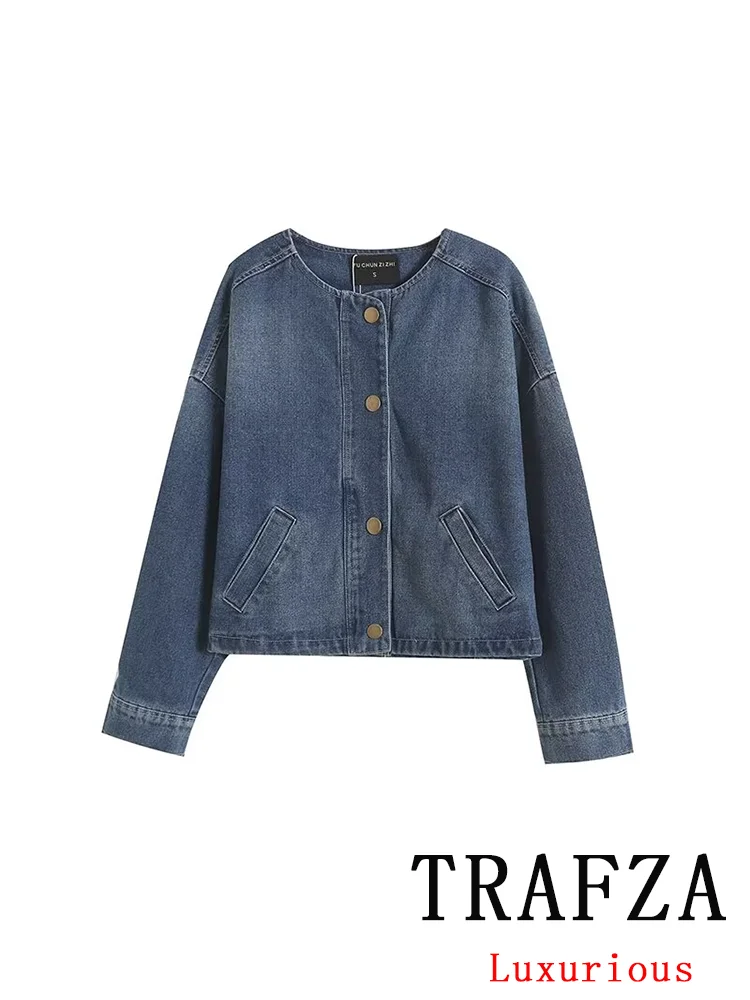 TRAFZA Vintage Casual Women Jackets Denim Loose Short O-neck Jacket Long Sleeve Coats New Fashion 2024 Holiday Elegant Top