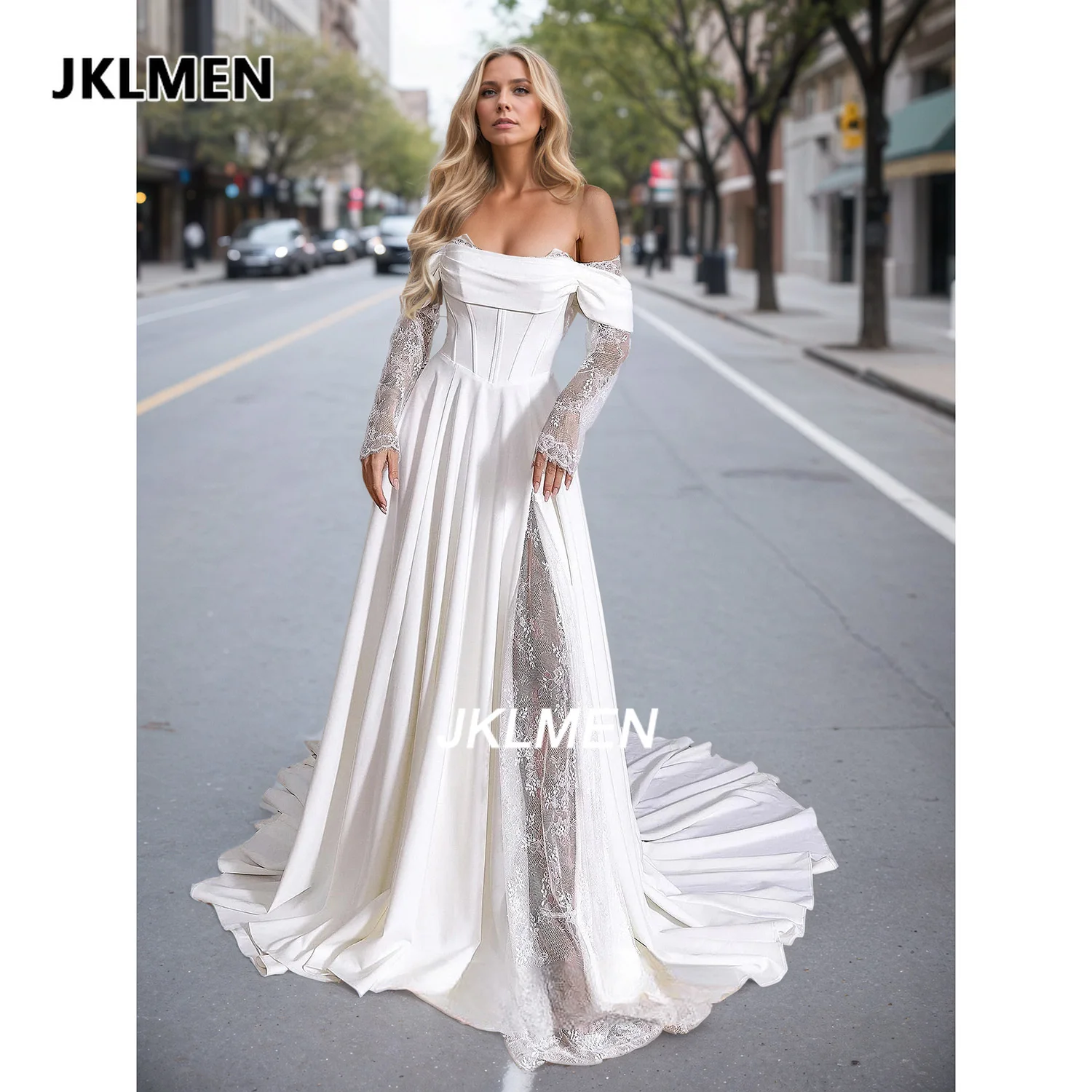 فساتين زفاف من الساتان الحريري على شكل حرف a للنساء مشد الظهر خارج الكتف وأكمام طويلة من الدانتيل فستان زفاف مع شق #1