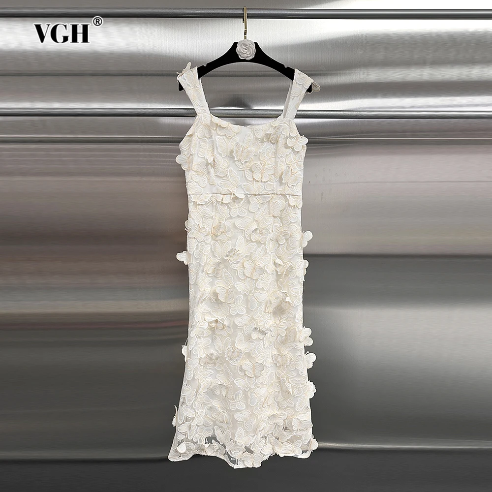 

VGH Bodycon Spliced Appliques Mid Dresses for Women Square Collar Sleeveless High Wiaist Backless Temperament Dress Female New