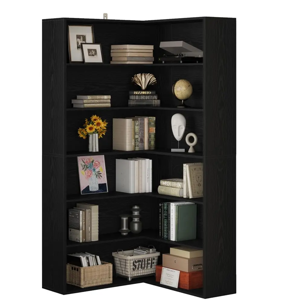Corner Bookshelf, 6 Tiers Corner Bookcases with Baffles Etagere Shelf Storage Rack for Living Room Home Office, Black