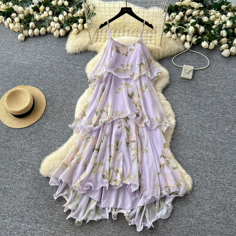 

Sling Dress Women Floral V Neck Sleeveless Long Dresses Ruffles Camisole Casual Loose A Line Y2k Lady Vestidos Beach 2025