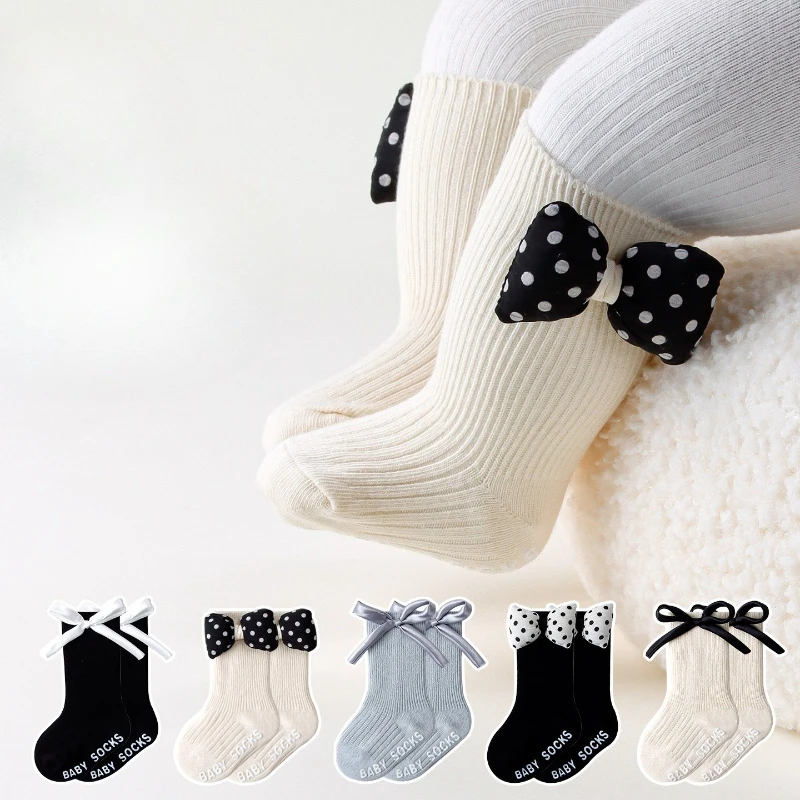 Sweet Cute Bow Baby Girls Knitted Socks Spring Autumn Soft Cotton Floor Socks Infant Kids Newborn Cute Cartoon Middle Tube Socks