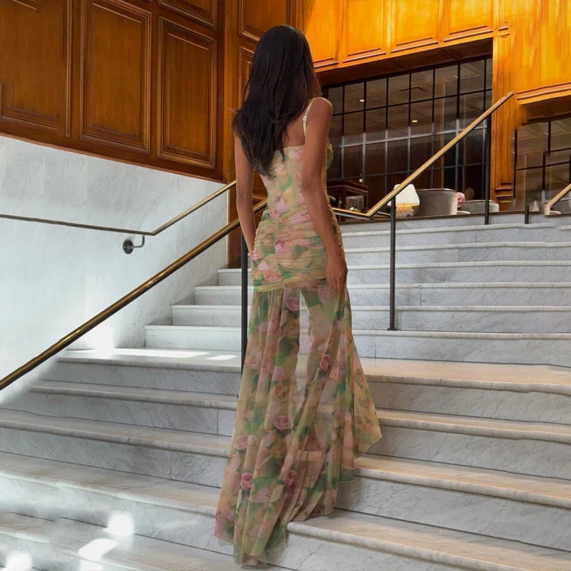 Sexy Sleeveless Split Floral Print Bodycon Spaghetti Strap Dress Summer Fashion Club Vacation Beach New Women Vestidos