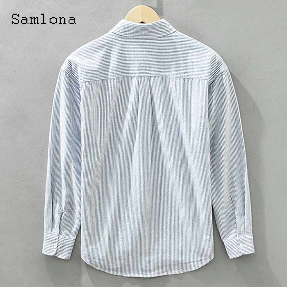 Men Long Sleeves Cotton Shirt Clothing 2023 Korean Style Fashion Tops Open Stitch Model Stripes Blouse Men's Casual Retro Shirts