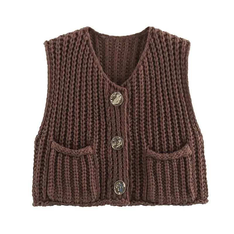 Gilet senza maniche tascabile autunnale con scollo a v Cardigan monopetto maglione lavorato a maglia gilet corto Sweet Chic Ladies Tops