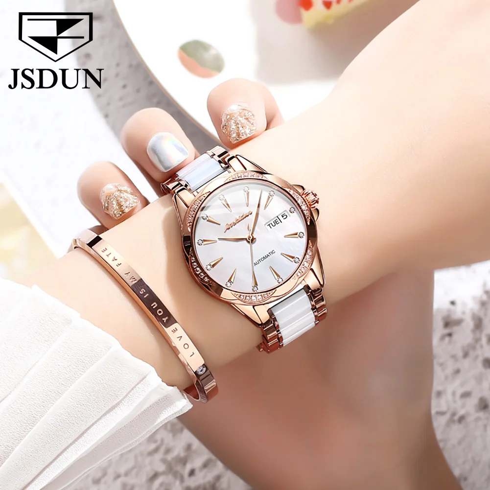 JSDUN Automatic Mechanical Watch for Women Luxury Diamond Pearl Shell Dial Elegant Rose Gold Ceramic Strap Ladies Wristwatches