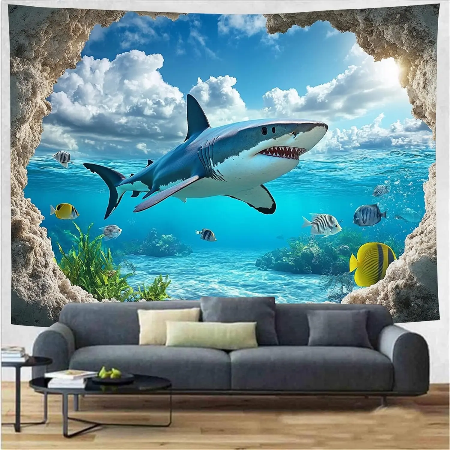 Underwater Shark Tapestry – Blue Ocean, Coral & Tropical Fish in Sunlit Abyss for Bedroom, Living Room or Kids’ Decor