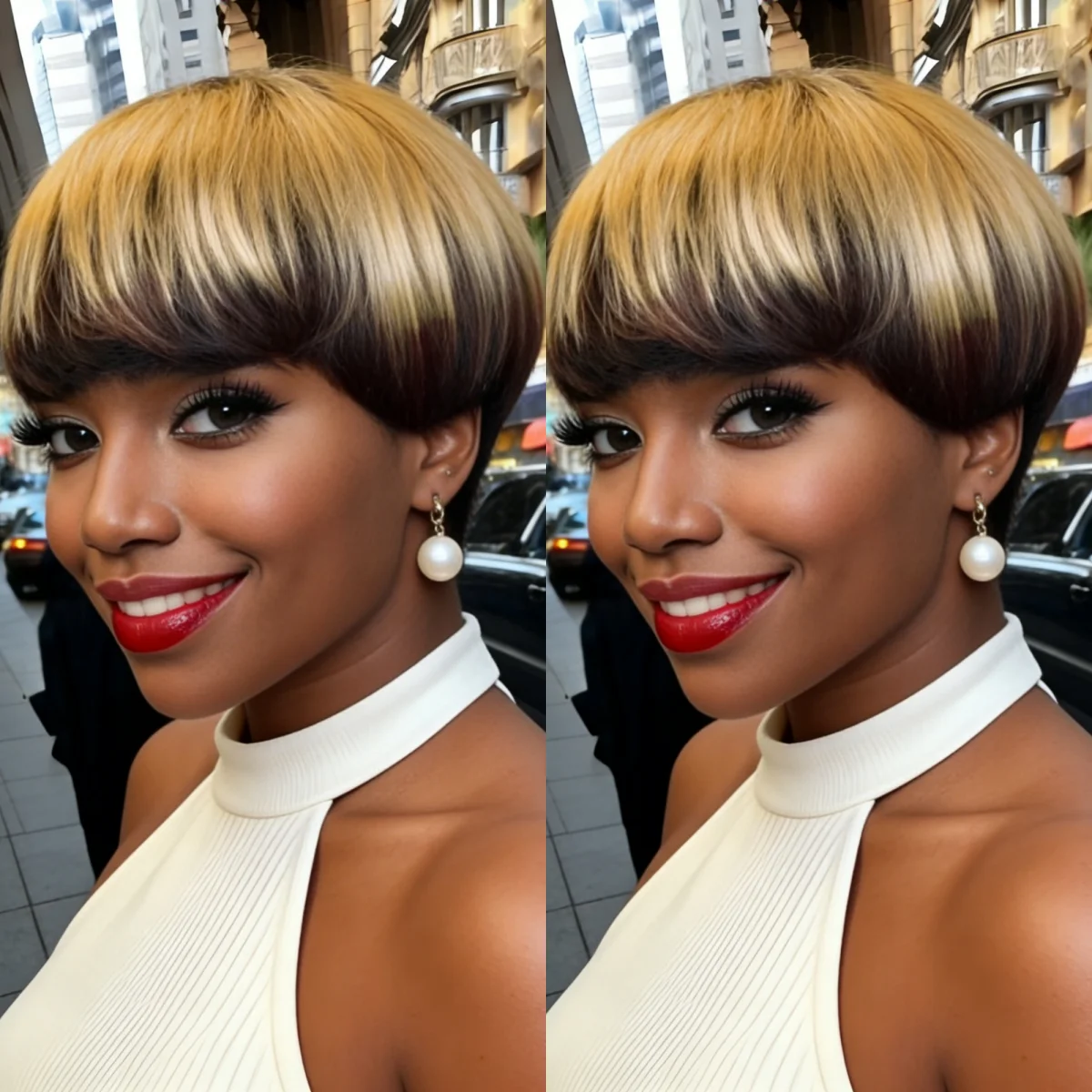 

Парик в стиле пикси из натуральных волос, короткий, черный и блонд, для чернокожих женщин, полностью машинной работы, с челкой, для повседневной носки