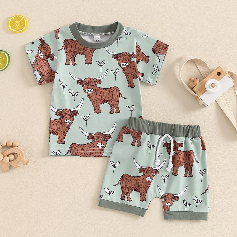 Toddler Boys Girls Summer Outfits Western Cow Print Short Sleeve T-Shirts Tops and Shorts 2Pcs Clothes Set