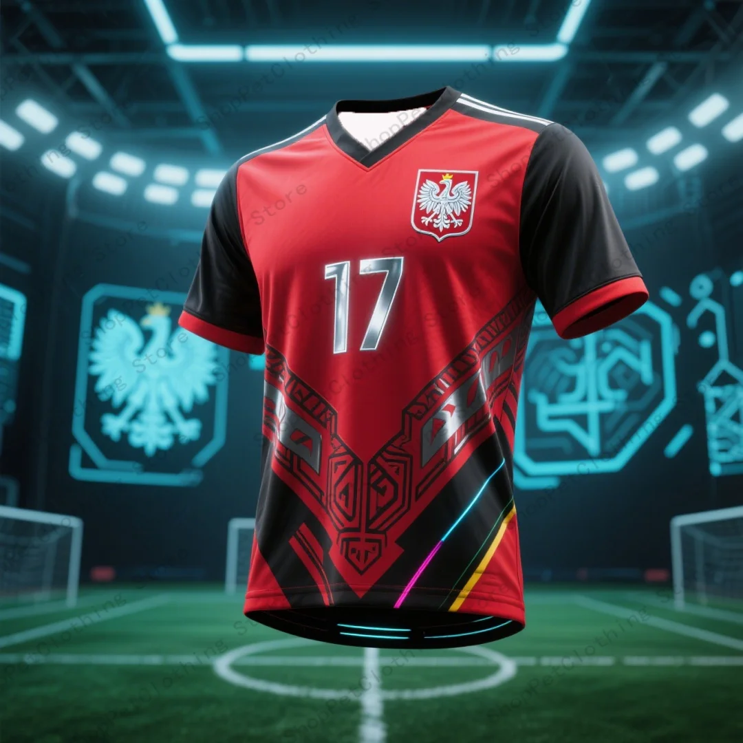 2025 صيف يوليو نيو بولندا جيرسي تي شيرت للرجال النساء خفيفة الوزن تنفس كرة القدم مروحة ارتداء رياضي نمط غير رسمي