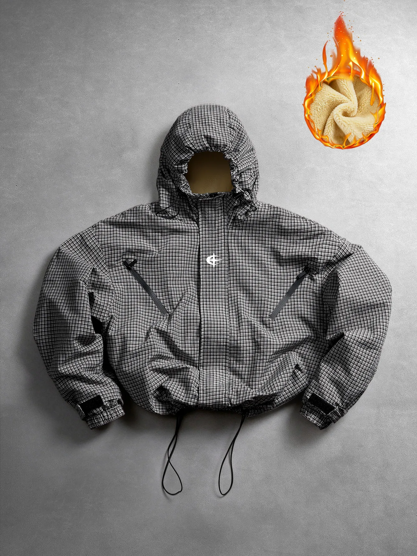 Men's Plaid Hooded Fleece Lined Jacket, Thick Warm Inner Lining, Chest Logo Print, Diagonal Zipper Pockets, Velcro Cuffs, Hem Drawstring, Loose Fit, Autumn Winter Outdoor Casual Coat