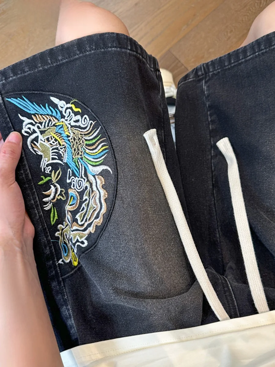 Shorts Jeans Desgastados Phoenix com Bordado Masculino e Feminino, Corte Reto Solto, Calça de Cinco Pontas, Casual, Jeans de ...