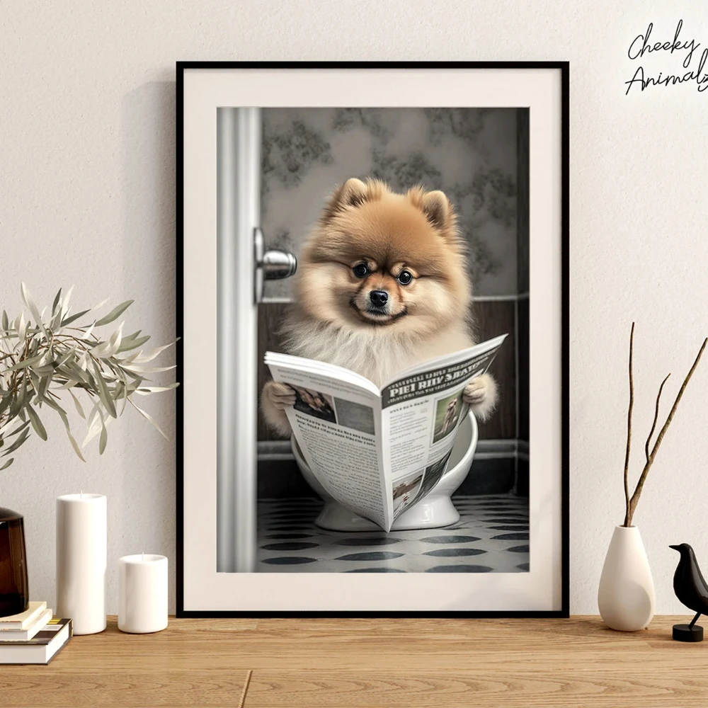 Dog Sitting on Toilet Reading Newspaper Cute Dog Photo Pomeranian Corgi Shiba Inu photo Bathroom Decor, Home，Unframed Decor
