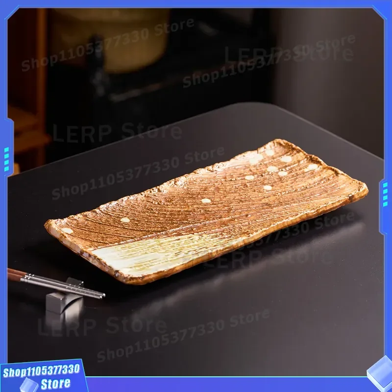 9.5 Inch Rectangular Ceramic Plate Japanese Style Retro Coarse Pottery Sushi Dish Commercial Restaurant Tableware for Cooking