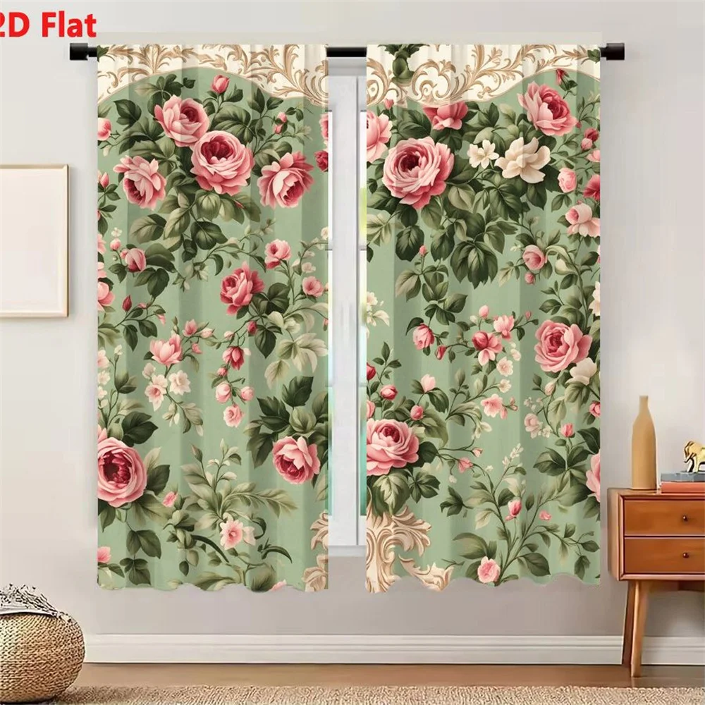 2Pcs Curtains Vintage Shabby Chic Floral Wallpaper With Pink Roses And Sage Green Background Window Drapes for Bedroom Room Deco