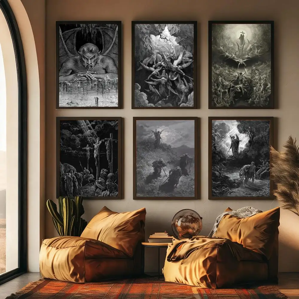 Gustav Dore Satan Paradise Lost Monster Painting Calligraphy High-Quality Cotton Canvas Poster Wall Art for Room House Decor