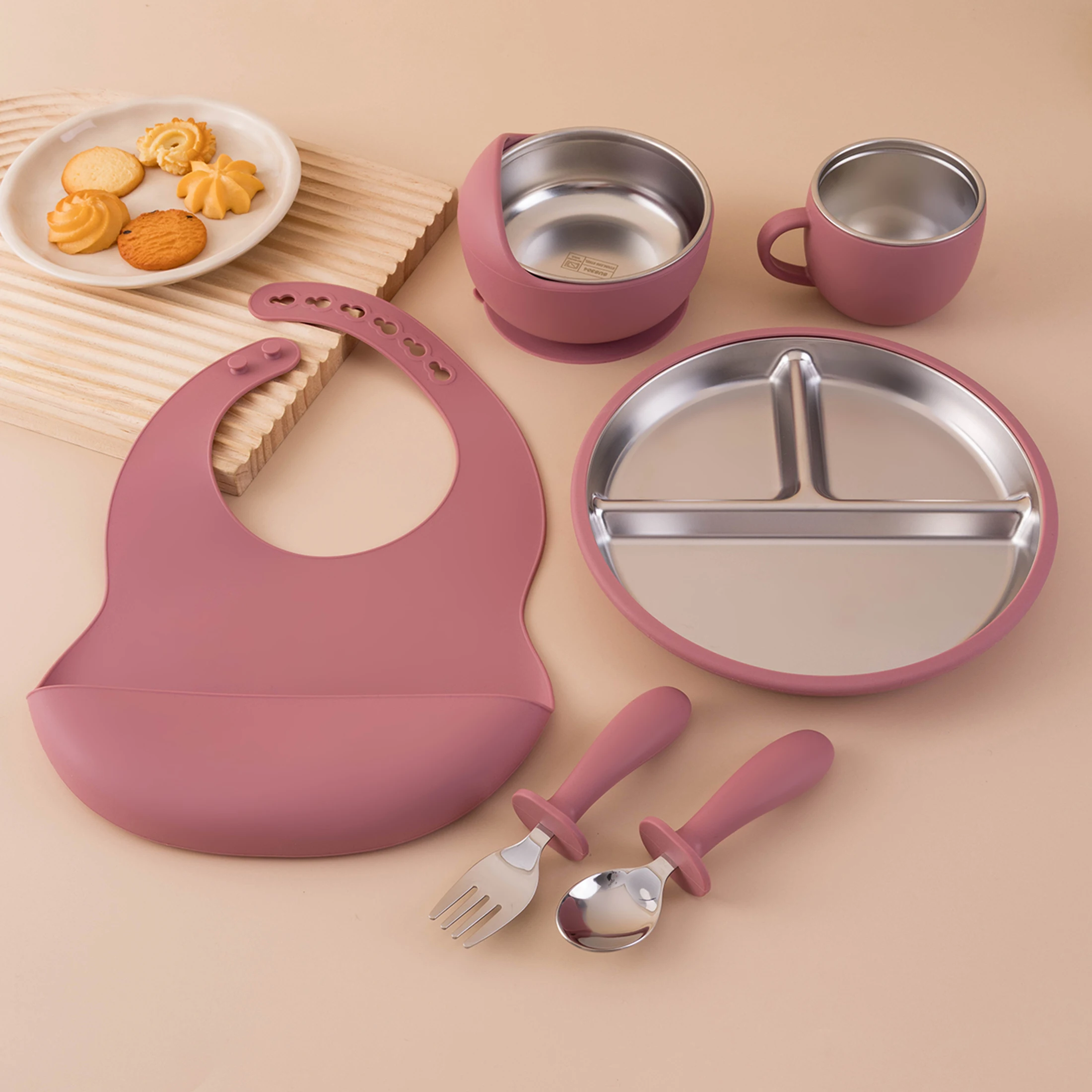 6PCS Stainless Steel Dishes Plate Baby Feeding Set BPA Free Sucker Dishes Bowl Training Fork Spoon Cup Baby Newborn Items
