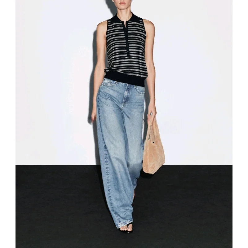 가을 신상 여성용 고지능 센싱 출퇴근용 스트라이프 폴로넥 민소매 티셔츠 탑 캐주얼 스타일 순면 폴리에스터 섬유