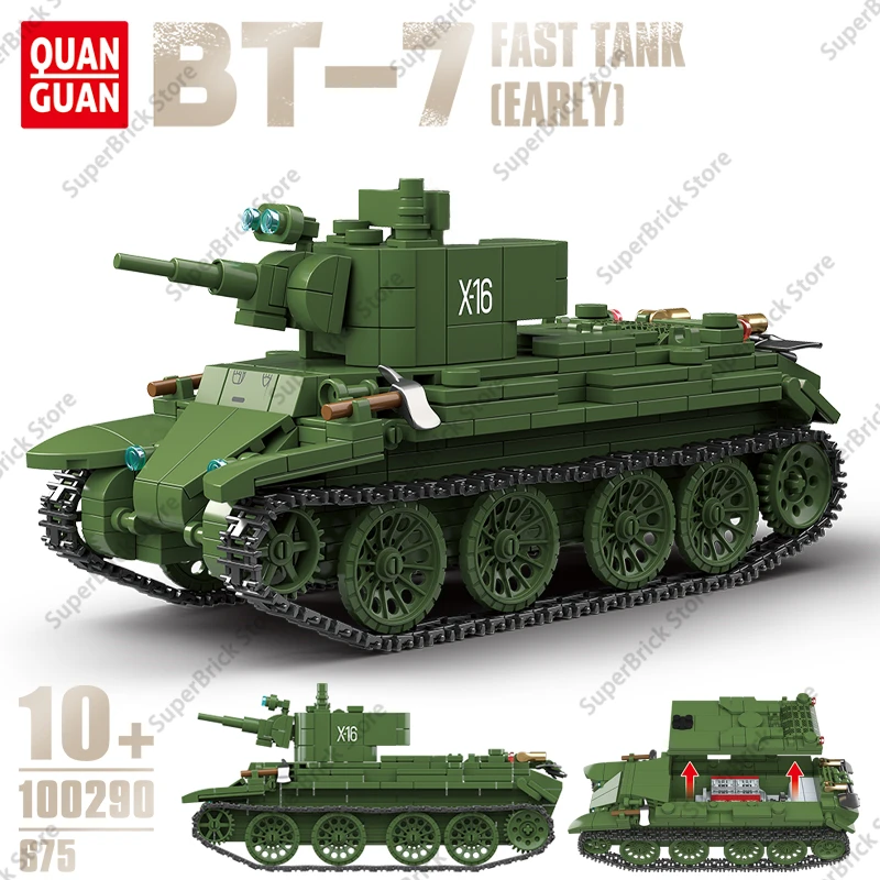 QuanGuan Military BT-7 Light Cavalry Tank Building Block Model Toy Army Manned Tracked Armored Vehicle Bricks Kids Holiday Gifts