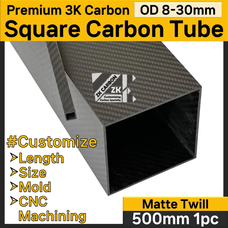 1pc/lot 500mm Carbon Fiber Square Tube OD 10mm 12mm 14mm 18mm 20mm 22mm 25mm 30mm Hardness Composite 3K Material Matte Twill