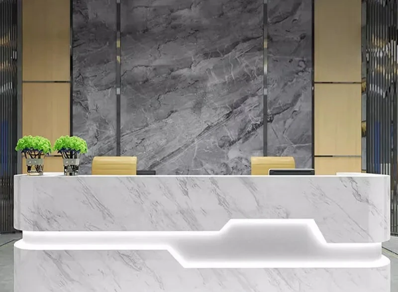 Modern Glossy Reception Desk Imitation Marble Front Counter for Office Hotel Beauty Spa Checkout Station Durable Easy