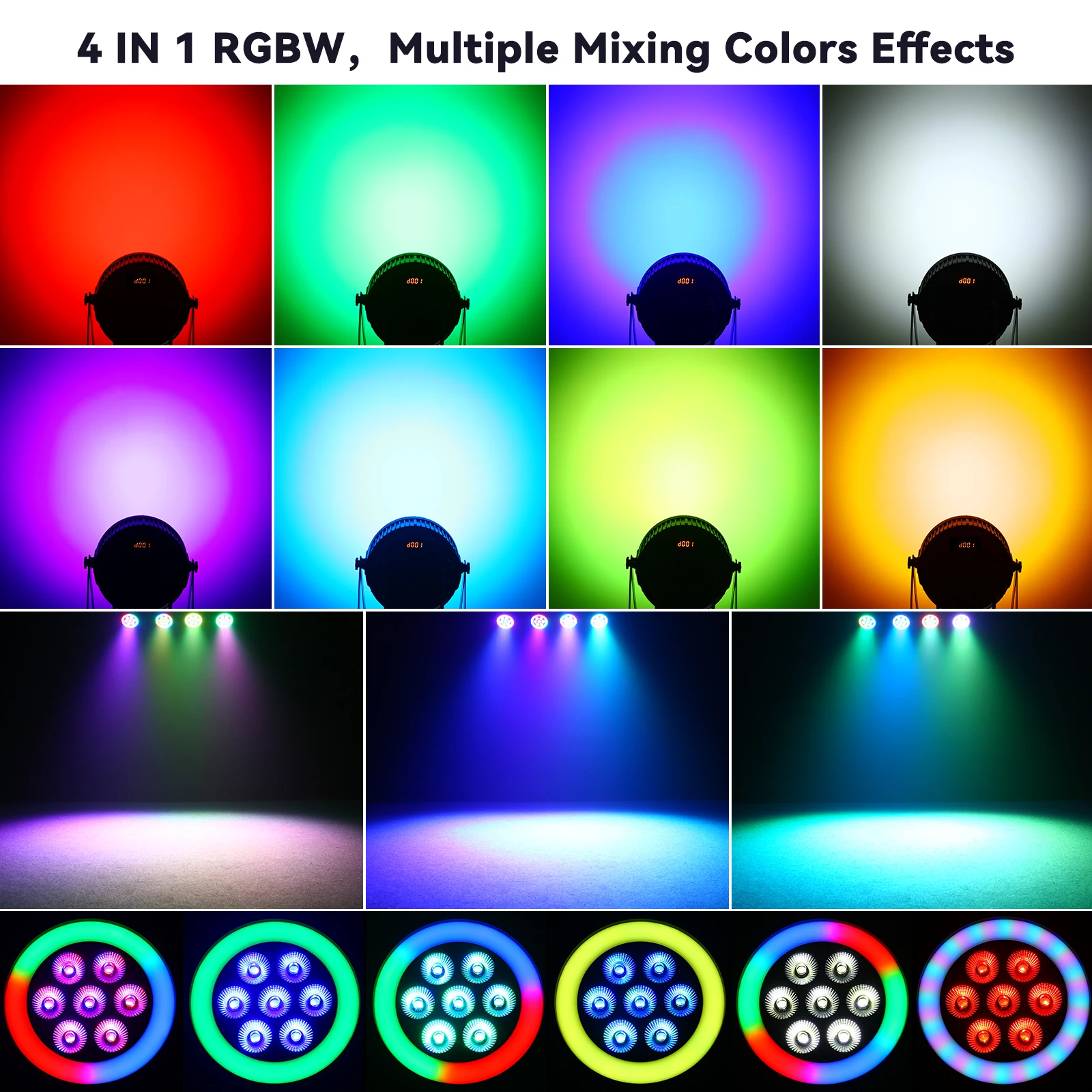U'King 4PCS 7 LEDs RGBW Par Light DMX512 Stage Light with 48 SMD RGB Ring Strip Effect Lighting for DJ Disco Party Wedding Show